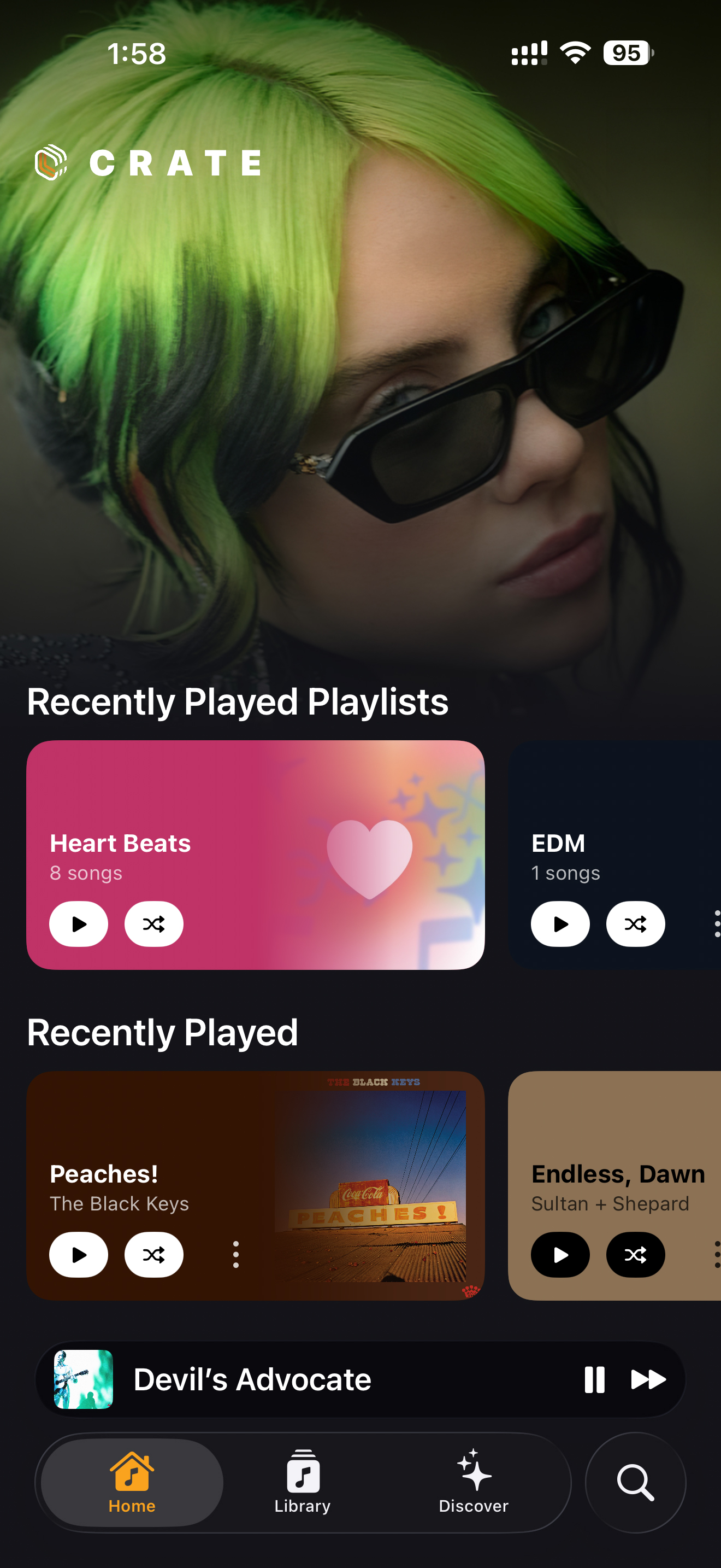 Home screen featuring Billie Eilish