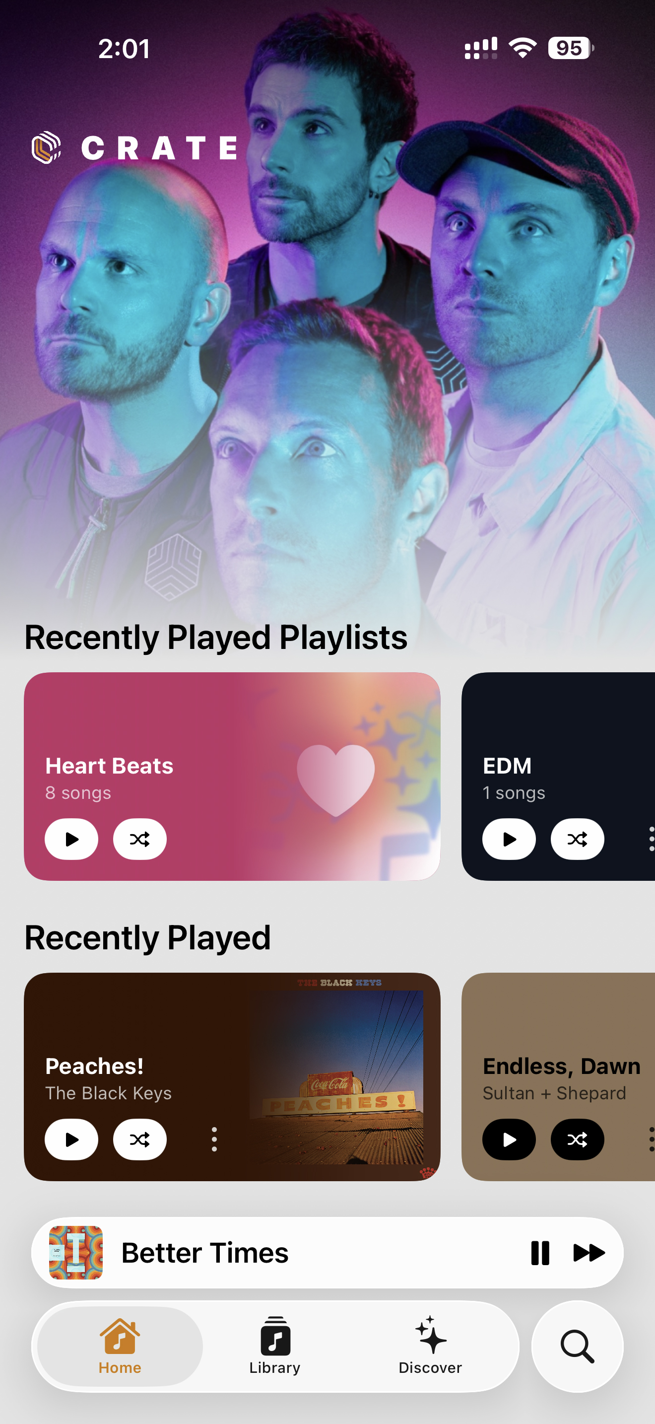 Home screen featuring Coldplay